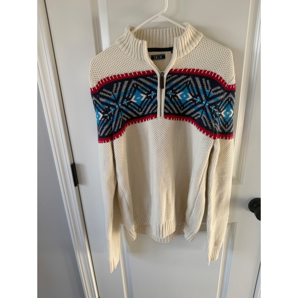 IZOD Mens Quarter Zip Sweater Cream Fair Isle Geometric Knit Pullover Medium